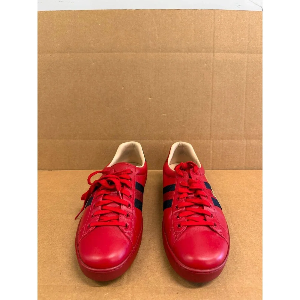Gucci Ace Embroidered Bee Leather Low Top Sneakers Red Navy Mens Size 10 US